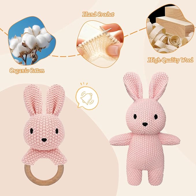 12" Handmade Crochet Rabbit Stuffed Animal, Baby-Safe Cotton Plush with Rattle, Hypoallergenic Toy for Newborns 0-12 Months, Ideal Baby Shower & 1st Birthday Gift
