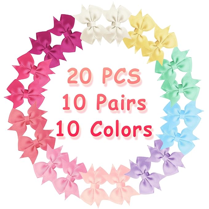 Baby Hair Clips, 20PCS 2" Fully Lined Hair Bows for Girls, Toddler Hair Accessories, Alligator Hair Clips for Girls Toddlers Baby Kids Teens (10 Colors in Pairs)