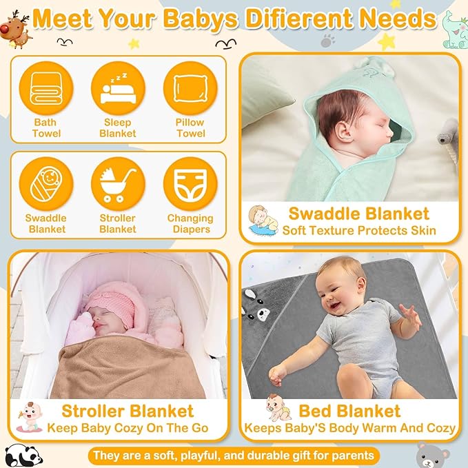 Flasoo 16 Pcs Baby Towels Set for Infants Toddlers, 4 Pcs Hooded Bath Towels, 4 Pcs Baby Bibs & 8 Pcs Washcloths Set, Absorbent Soft Newborn Gift for Boys & Girls-Elephants, Pandas, Bears & Moose
