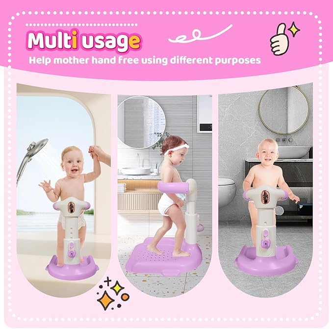 Baby Bath with Shower Stand Support , Non-Slip Adjustable Baby Standing Support,Soporte para Bañera de Bebé,Toddler Standing Up Themselves,Ideal Gift for baby standing bath 8-36 Months( Pink Purple)