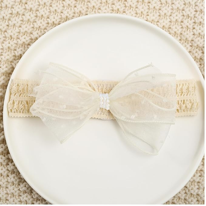 Baby Girls Hairband White Bow Lace Headbands Handmade Soft Stretchy Bowknot Hairbands Newborn Headband with Bows Pearls Elastic Head Band for Newborn Infant(Gauze Polka Dot Bow)