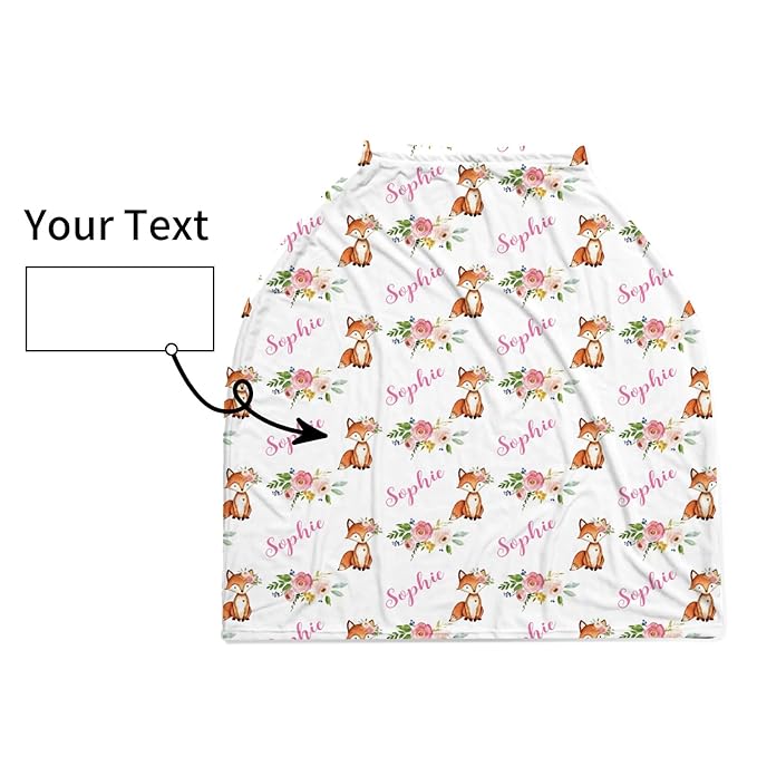 Personalized Baby Car Seat Cover Stroller Canopy: Custom Name Newborn Baby Girl Elastic Fox Nursing Cover for Moms First Birthday Gift Pink Flowers(one Size)