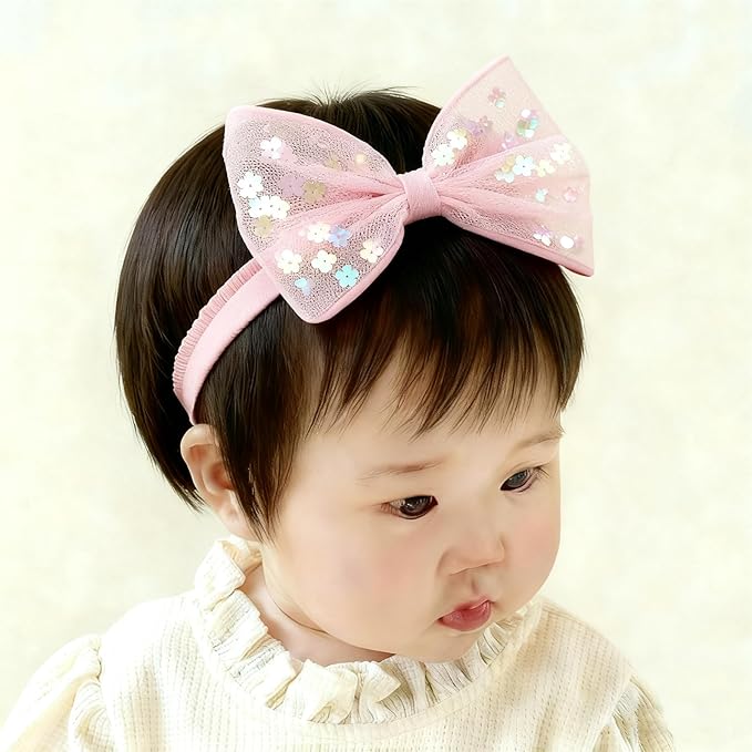 Bow Lace Headband for Baby Girls, Cute Bow Knot Hairband Pearl Elastic Headwrap for Newborn Infant Toddlers (Pink)