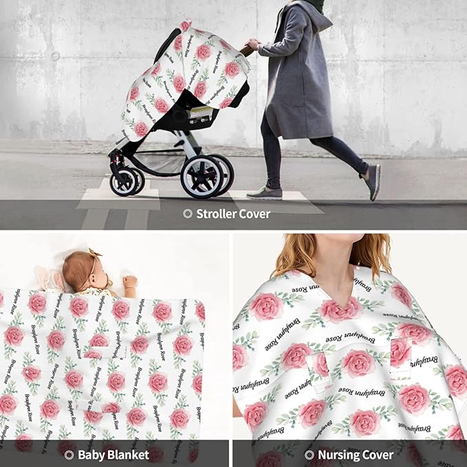 Personalized Flower Pink Rose Baby Infant Car Seats Canopy for Babies with Name, Custom Multi-use Blankets for Baby Girls, Peekaboo Minky Nursing Breastfeeding Stroller Cover Canopies for Newborn