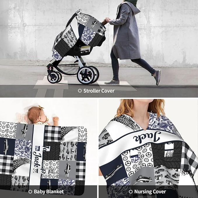 Personalized Baby Car Seat Canopy for Babies, Custom Name Car Seat Covers for Baby Boy, Opening Minky Nursing Breastfeeding Cover for Infant, Carseat Canopies for Newborn (Car Blue)