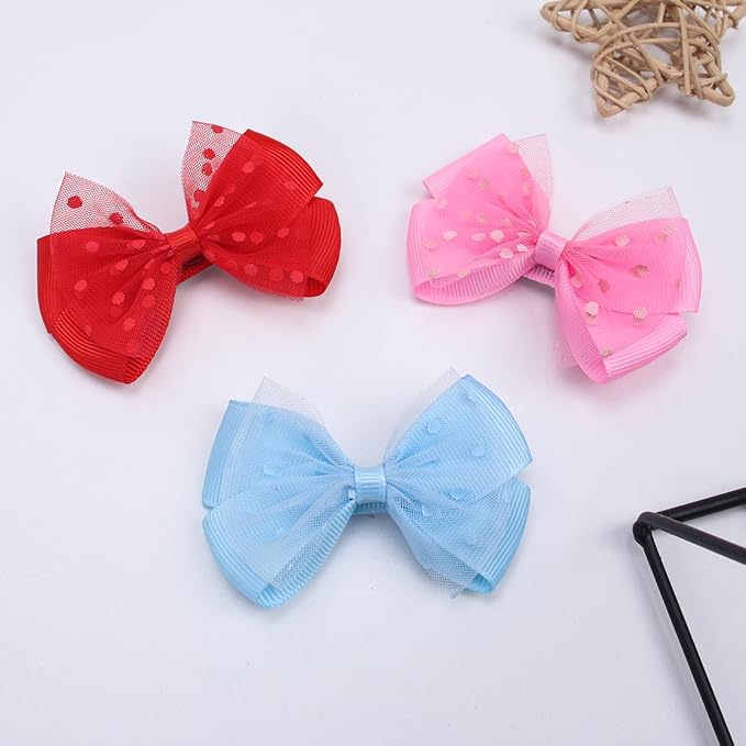 Tiny 3 Inch Dot Organza Double Hair Bow Clips - Cute Lined Boutique Alligator Hairpin for Girls, Toddlers, and Little Teens - Kids Barrettes Set of 2 Small Stylish (Red)