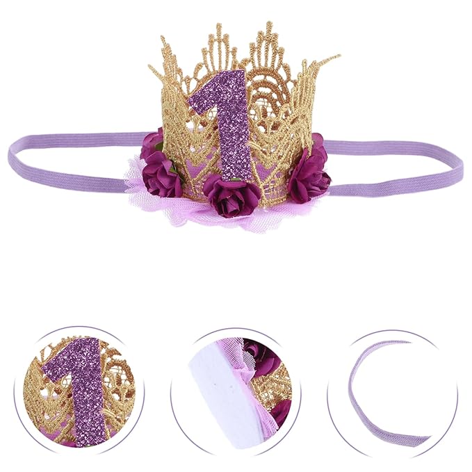 1st Birthday Tiara Headband for Baby Girl - Glitter Number Tiara, Flower Headband, Toddler Infant Kids Purple Hat