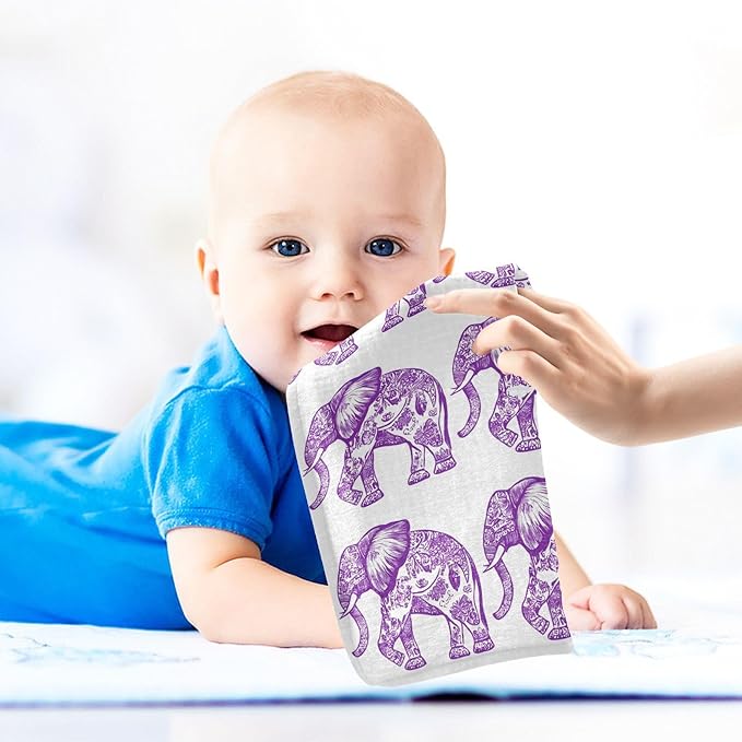 vvfelixl Baby Muslin Washcloths Purple Outline Elephant Baby Burp Cloths Cotton Babys Face Towel for Newborn Infants Boys Girls Soft and Absorbent 11.8 X 11.8 in, 3 Pack