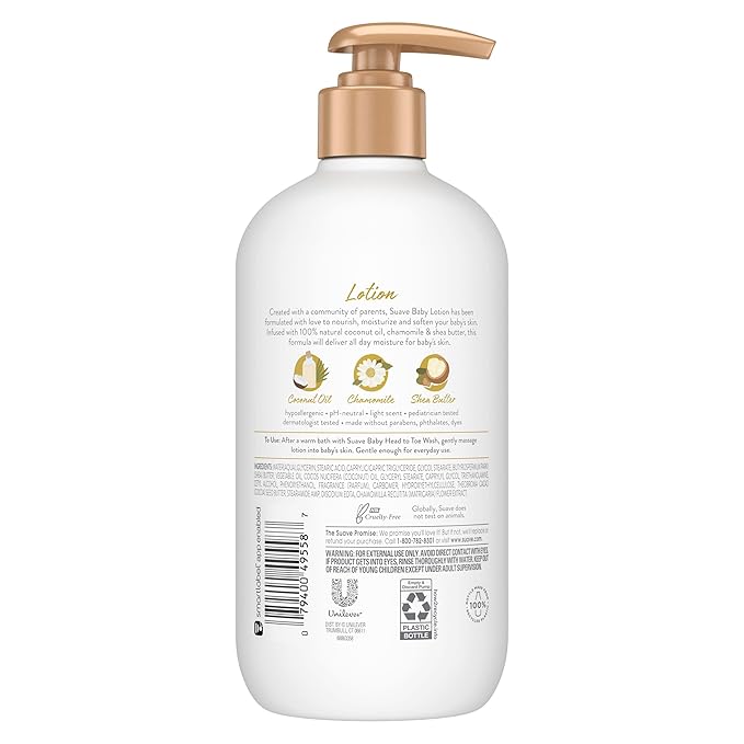 Suave Baby Baby Lotion for All Skin Types, with 100% Natural Coconut Oil, Chamomile & Shea Butter with No Parabens, Dyes 13.5 OZ