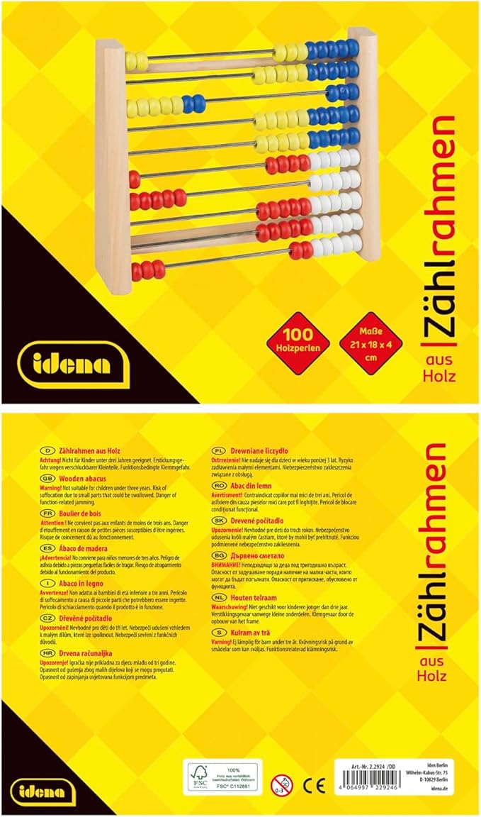 Idena 22924 Wooden Frame with 100 Threaded Beads in 4 Colours, for Counting and Calculating, Approx. 21 x 18 x 4 cm, Multicoloured