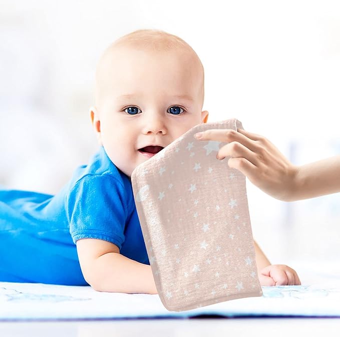vvfelixl Baby Muslin Washcloths, Moon Star Baby Burp Cloths, Cotton Baby Face Towel for Newborn Infants Boys Girls Soft and Absorbent 11.8 X 11.8 in, 3 Pack Pink