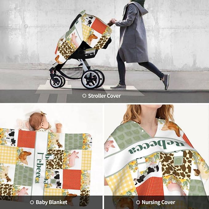 Personalized Baby Car Seat Canopy for Babies with Name, Custom Car Seat Covers for Boys Girls, Infant Opening Minky Nursing Breastfeeding Stroller Cover Carseat Canopies for Newborn (Farm Animals)