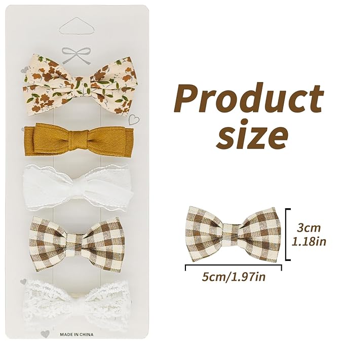 Baby Hair Clips Set – Gentle Girls Hair Bows with Floral, Lace & Plaid Patterns, Fully Wrapped Duckbill Toddler Hair Clips(5-Pack)