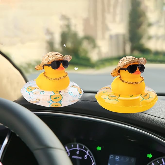 wonuu Car Rubber Duck, Yellow Duck Decoration Dashboard with Sun Hat Swim Ring Necklace Sunglasses for Car Dashboard Decorations