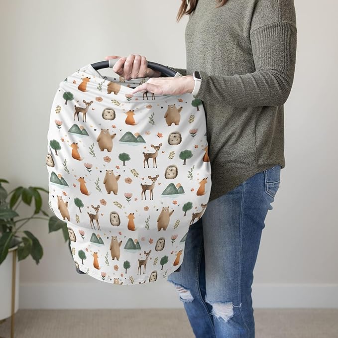 HawSkgFub Boho Animal 5-in-1 Car Seat Cover for Baby Boy Girl Gift, Bohemia Forest Bear Fox Deer Owl Privacy Breastfeeding Nursing Cover, Newborn Infant Multi-use Carseat Canopy Carrier
