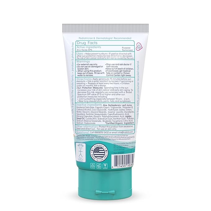 TruKid Easy On Mineral Sunscreen SPF 50 - Kids & Baby Sunscreen for Face & Body, Non-Toxic Zinc Oxide Sunblock Protection for Sensitive Skin, Unscented, FSA Eligible, Travel Size 3.4oz