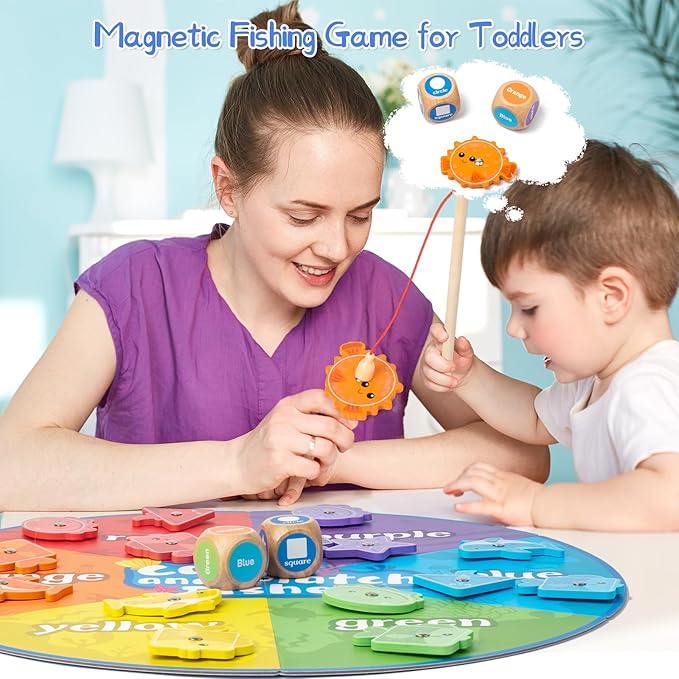 Montessori Toys for Toddlers 1-3,Wooden Magnetic Fishing Game Educational Shape & Color Sorting for Kid 3-5,Boy Girl Preschool Learning Motor Skill Matching Activity Toy for Age 2-4 (Foldable mat)