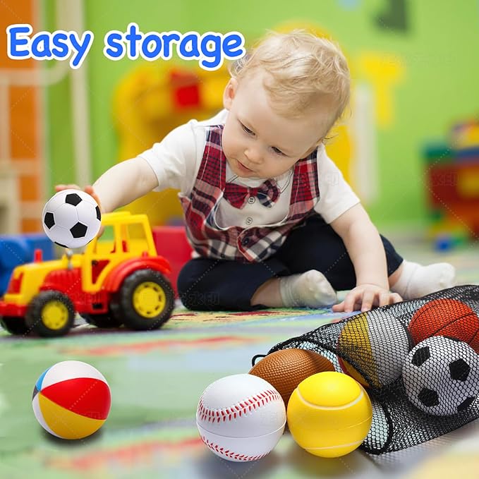 Mini Sports Balls Set of 6 Foam Ball for Kids 2.8 inch Soft Balls for Toddlers with Bag Includes Soccer, Basketball, Football, Baseball ,Tennis and Beach ball- Throwing Toys for Baby Boy and Girl