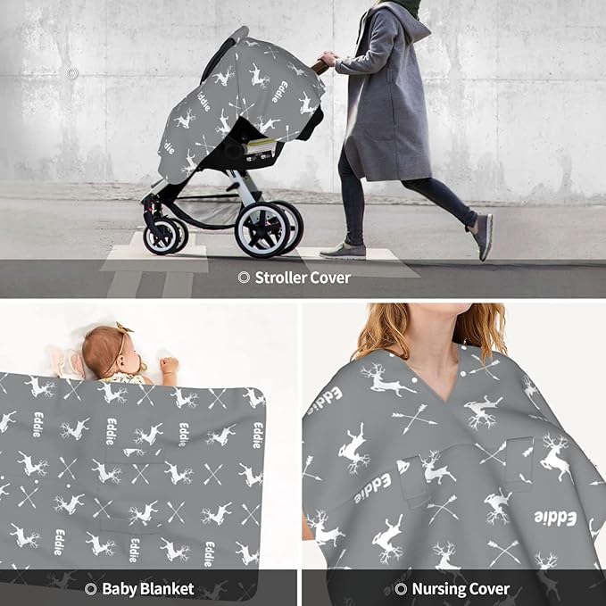 Personalized Jumping Deer Baby Infant Car Seats Canopy for Babies with Name, Custom Antlers and Arrows Lightweight Covers for Baby Boys Girls, Minky Nursing Stroller Cover for Newborn