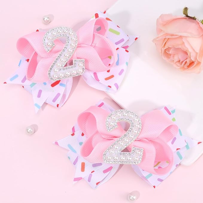 2PCS Hair Bows for Baby Girls Birthday - 2nd Birthday Hair Bow Sweet Theme with Ice Cream Party, Pink Hair Accessories for Baby Toddler 1 2 3 4 5 6 Years, Outfit & Decorations