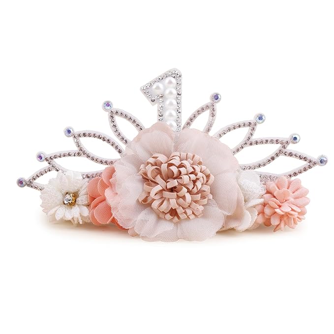 cherrboll Flower Headband Birthday Crown for Girl, Floral Nylon Hairband for 1-3 Years Old Toddler, First 1st Birthday Party Dress Photo Decoration Hair Accessory