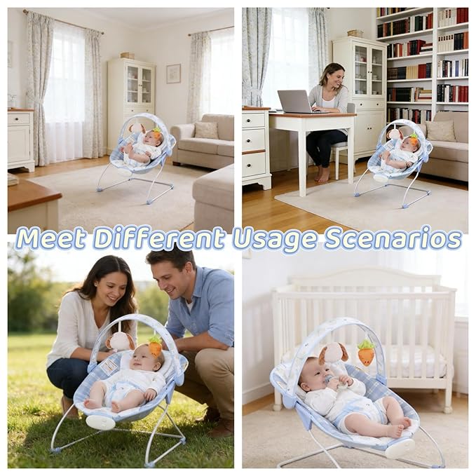 Portable Baby Bouncer Seat with 8 Melodies, 3 Vibration Levels & Adjustable Volume, Foldable Infant Bouncer Rocker with Safety Harness for Baby 0-6 Months, Indoor & Outdoor Use BR2401