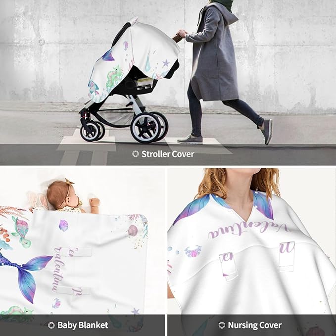 Personalized Baby Car Seat Canopy for Babies, Custom Name Car Seat Covers for Baby Girls, Mermaid Opening Minky Nursing Breastfeeding Cover for Infant, Carseat Canopies for Newborn