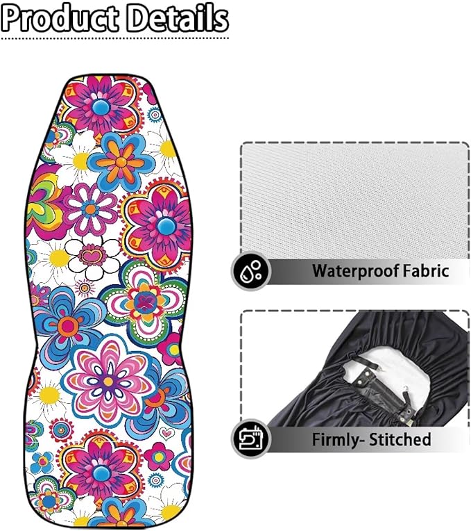 Colorful Hippie Flower Car Seat Covers Set of 2 Waterproof Universal Vehicle Front Seats Interior Protector Easy to Install Interior Protection Suitable Fits Most Car Auto SUV Sedan Truck
