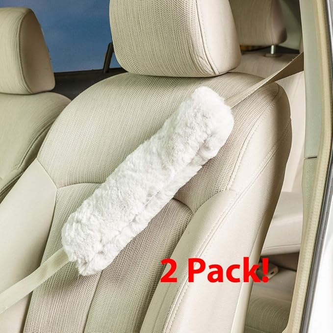 Engel Worldwide Twin Pack! Soft, Comfortable Universal Fitting Genuine Merino Sheepskin Seat Belt Shoulder Cover Pads for Adults, Children, Youth. Multiple Colors Available (White)