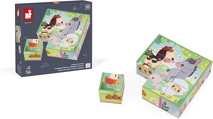 Janod - Farm-Themed Cardboard Puzzle Cubes for Toddlers (9 Cubes, 6 Puzzles) - Entertaining Toddlers During Travel - Enhances Fine Motor Skills - Lightweight and Safe - Educational and Fun