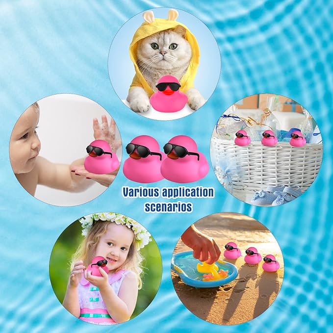 Chivao 12 Pcs Rubber Ducks with 12 Sunglasses/ Hats/ Headwear Small Mini Carnival Cruise Birthday Rubber Duckies Bathtub Toys in Bulk(Fresh Style,Black, Pink)