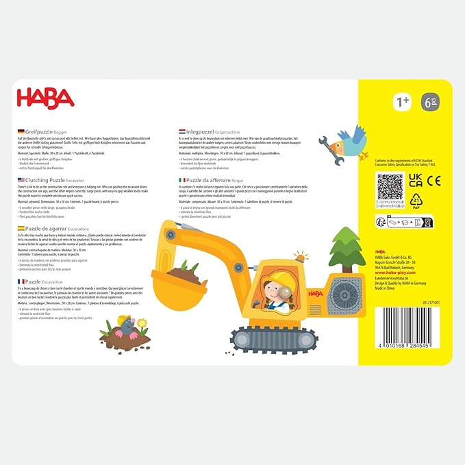 HABA Construction Site Gripping Puzzle - First Wooden Puzzle with Big Buttons - Recognize Excavator & Shovel - for Children from 12 Months - 2012171001
