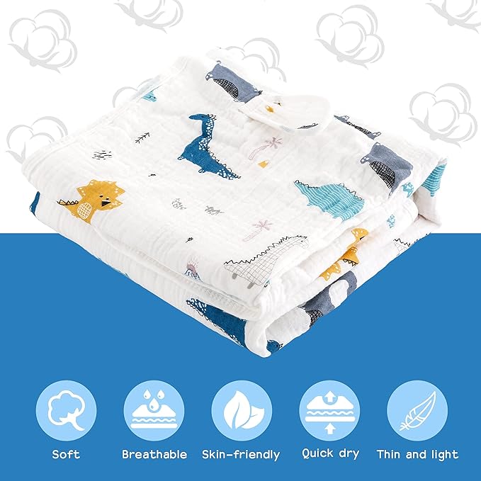 Muslin Hooded Towel Made from Organic Cotton 6-Layer Cotton Bath Towel, Soft Bath Towels 25x51inches for Toddler Baby and 0-4 Years Old Kids Dinosaur