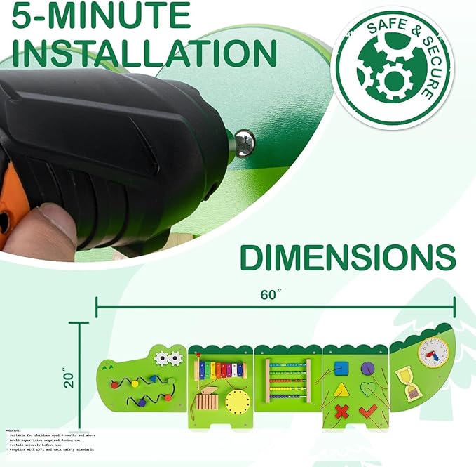 Monläurd® Crocodile Montessori Busy Board, Sensory Board,Educational Toys, Activity Cube, Wall Toys, Daycare Furniture, Playroom Furniture, Boys and Girls 6 M+