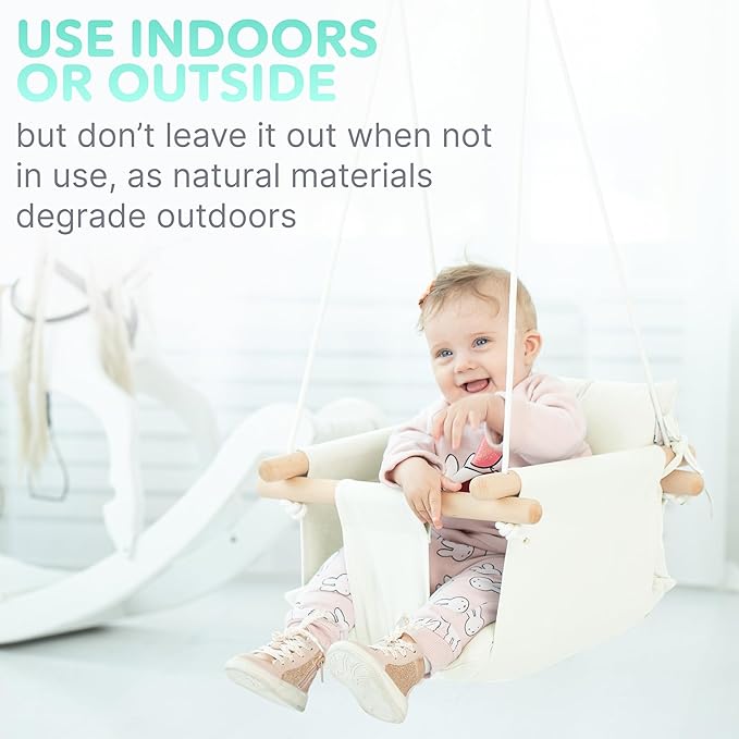 CaTeam - Canvas Baby Swing, Wooden Hanging Swing Seat Chair with Safety Belt, Durable Baby Swing Chair, Outdoor and Indoor Swing for Kids, Mounting Hardware Included, Ivory
