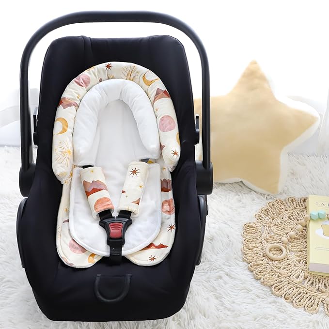 Infant Car Seat Insert for Newborn Girls Boys, Upgraded 2-in-1 Baby Carseat Head Support, Soft Reversible Baby Car Seat Insert Cushion Pad for Car Seat, Stroller, Bouncer, Swing, Moon