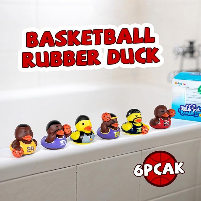 6 Pcs Sealed Bath Toys for Toddlers 1-3, No Hole Rubber Ducks Basketball Sports Theme, Water-Tight Floating Infant Bathtub Toys & Car Ducking Game Accessories