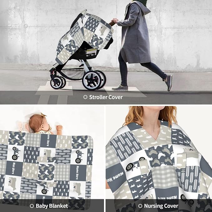 Personalized Farming Theme Truck and Cow Baby Infant Car Seats Canopy for Babies with Name, Multi-use Blankets for Baby Boys Girls, Peekaboo Minky Nursing Stroller Cover Canopies for Newborn