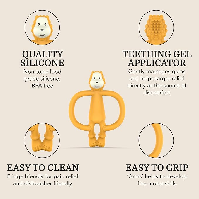Matchstick Monkey Silicone Teether & Gel Applicator – Silicone Baby Teether, Easy-to-Grip, BPA-Free, Supports Self-Soothing & Early Brushing, 3 Months+, 4 Inches, Ludo Lion