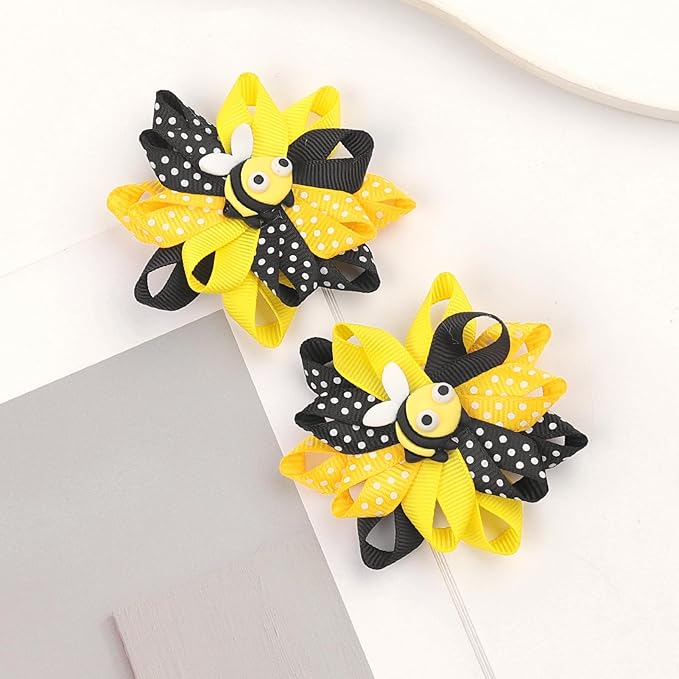 Bee Bow Hair Clips Cute Bee Hair Bows Hair Barrettes Honeybee Yellow Black Polka Dot Bows Hair Pins Spring Hair Accessories for Girls Toddlers Teens Animal Themed Birthday Party Supplies 2PCS