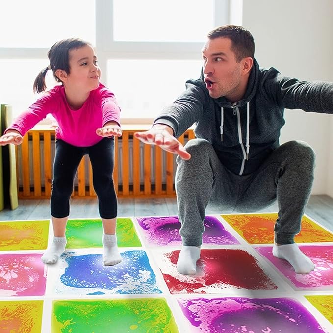 Edusense Sensory Liquid Floor Tiles for Autism, Activity Play Mats for Kids,Sensory Early Learning Room, Square Decorative Tiles Multi-Color with Anti-Slip Backing 12" X 12" Pack of 9 PCS