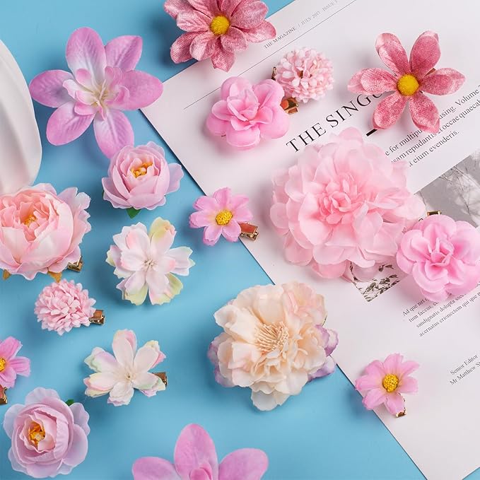 20 Pack Flower Hair Clip Rose Hair Clips Barrettes for Women Flower Accessories Boho Bride Claw Clip Hairpin Brooch Pin Headpiece for Girls Wedding (Pink)
