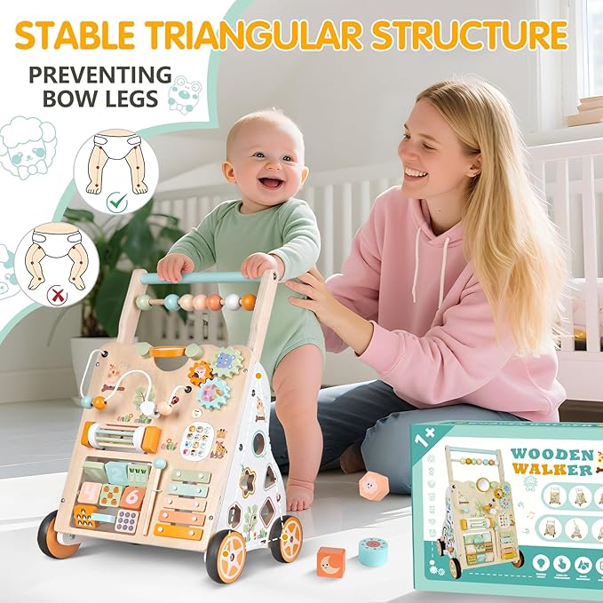 Wooden Baby Walker with Wheels, Push Walker with Baby Activity Center, Montessori Walking Toy for Girls Boys, Ajustable Speed & Height Activity Toy for Toddler Learning to Walk 12+ Months (Natural)