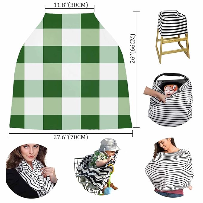 Green White Plaid Car Seat Covers for Babies, Buffalo Checkered Lattice Geometric Nursing Breastfeeding Covers Stretchy Breathable Baby Carseat Canopy Cover for Girls and Boys Shower Gifts