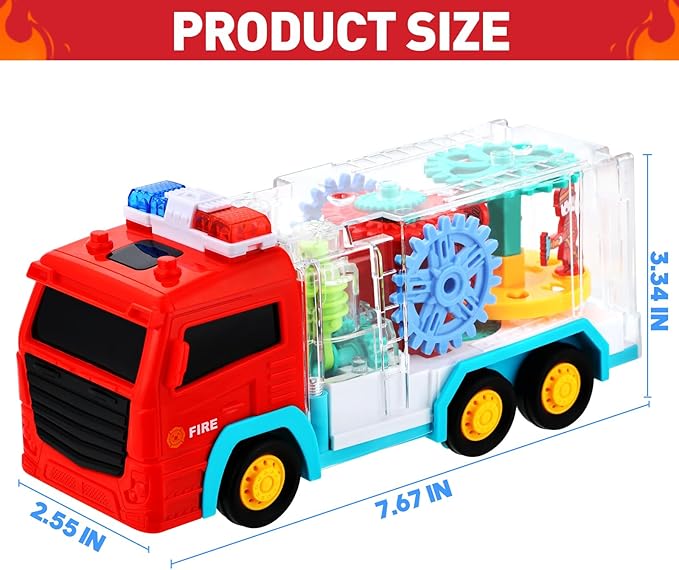 Fire Trucks for Toddlers 3-5, Light Up Sensory Car Toy for Kids, LED Transparent Bump Car with Rotating Gear, Cool Lights and Musical, Educational Crawling Toy for Baby, Birthday Gift for Boys Girls