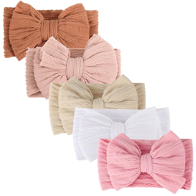 DRESHOW BQUBO Handmade Baby Headbands Soft & Stretchy Hair Bands with Bows Nylon Bows Hairbands for Girls Newborn Infant Toddlers Hair Accessories 5 Pack