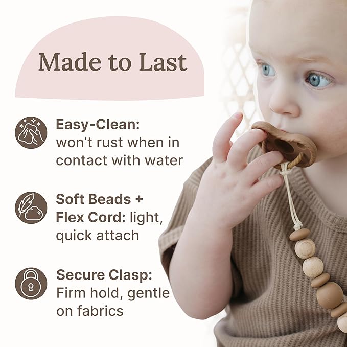 Silicone Pacifier Clip – Metal-Free, Rust-Free, 100% Food-Grade Silicone and Natural Beech Wood, Secure Pacifier Holder for Babies – Hazel - Mila & Lulu