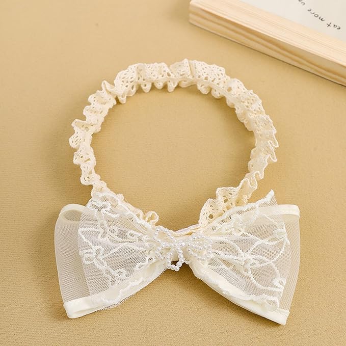 Baby Girls Bow Lace Headband Cute Soft Hairband White Butterfly Knot Headbands for Newborn Infants Toddlers Kids Christening Baptism Birthday Party Hair Accessories(Beige C)
