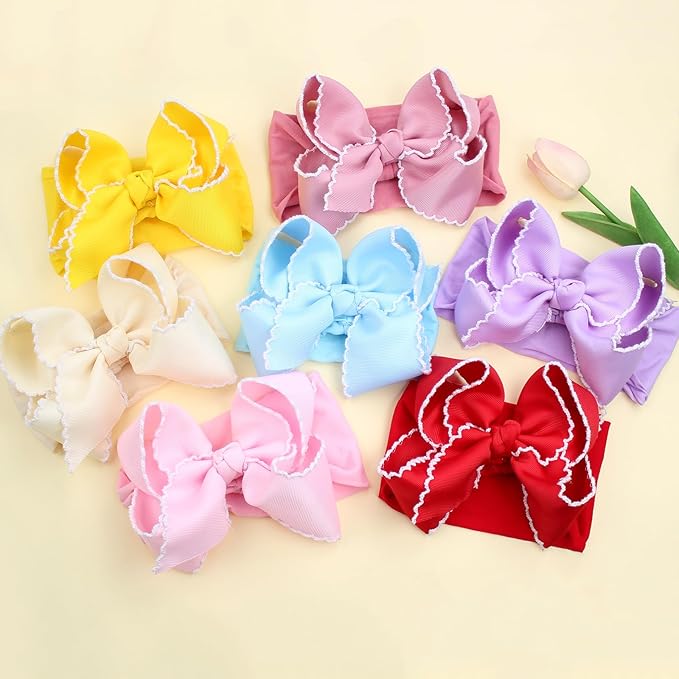 6'' Jumbo Yellow Baby Girls Bow Headbands, Handmade Grosgrain Moonstitch Boutique Baby Headwraps, Super Stretchy Soft Nylon Headbands for Newborns, Infants & Toddlers