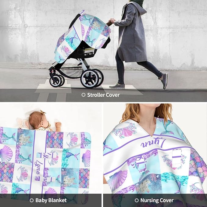 Personalized Baby Car Seat Canopy for Girls, Custom Name Baby Car Seats Covers for Babies, Opening Minky Nursing Breastfeeding Stroller Cover Infant Carseat Canopies for Newborn (Mermaid)